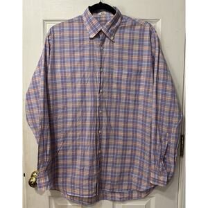 Peter Millar Mens Plaid Lavender Coral Button Front Shirt Top Mens Size Medium